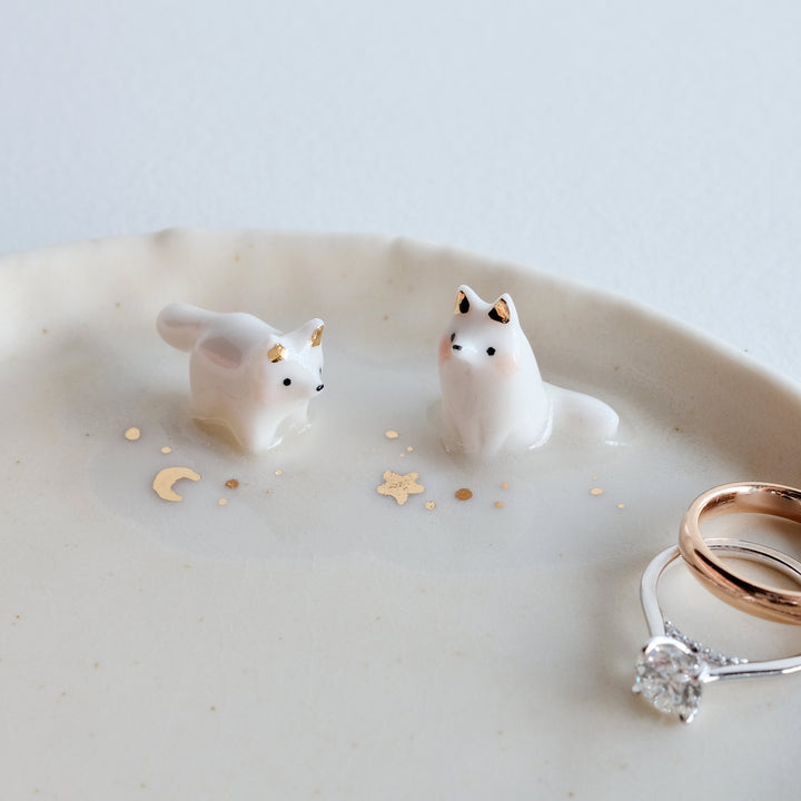 Porcelain Fox Pair Dish | Crescent Star Stand Sit
