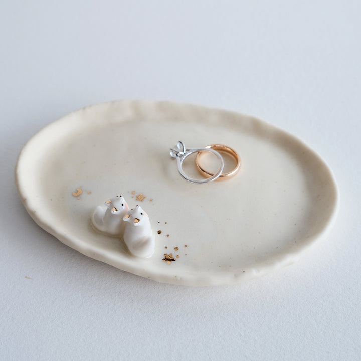 Porcelain Fox Pair Dish | Gazing Up Crescent Star