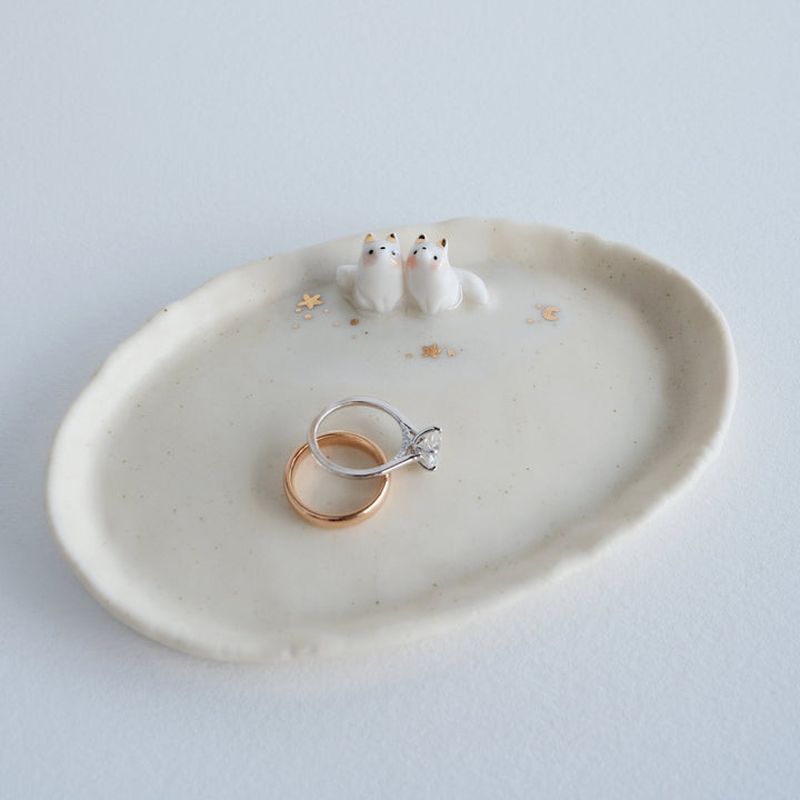 Porcelain Fox Pair Dish | Gazing Up Crescent Star