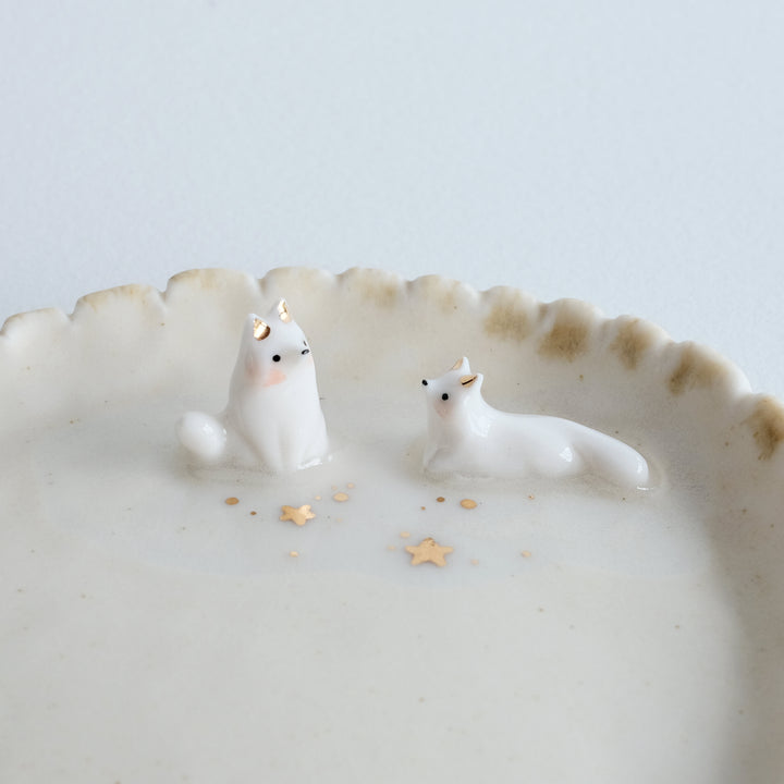 Porcelain Fox Pair Dish | Scalloped Edges