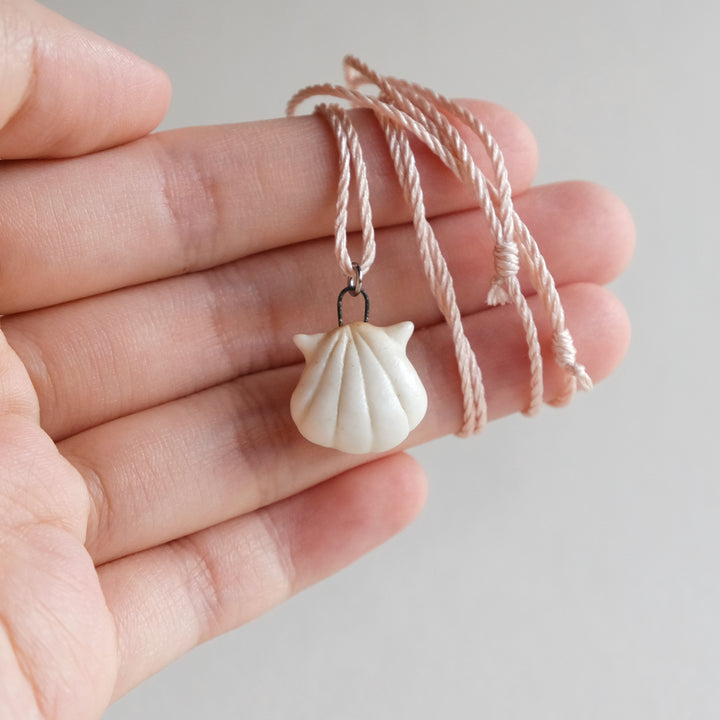 Porcelain Scallop Necklace on Pink Silk Cord | Matte